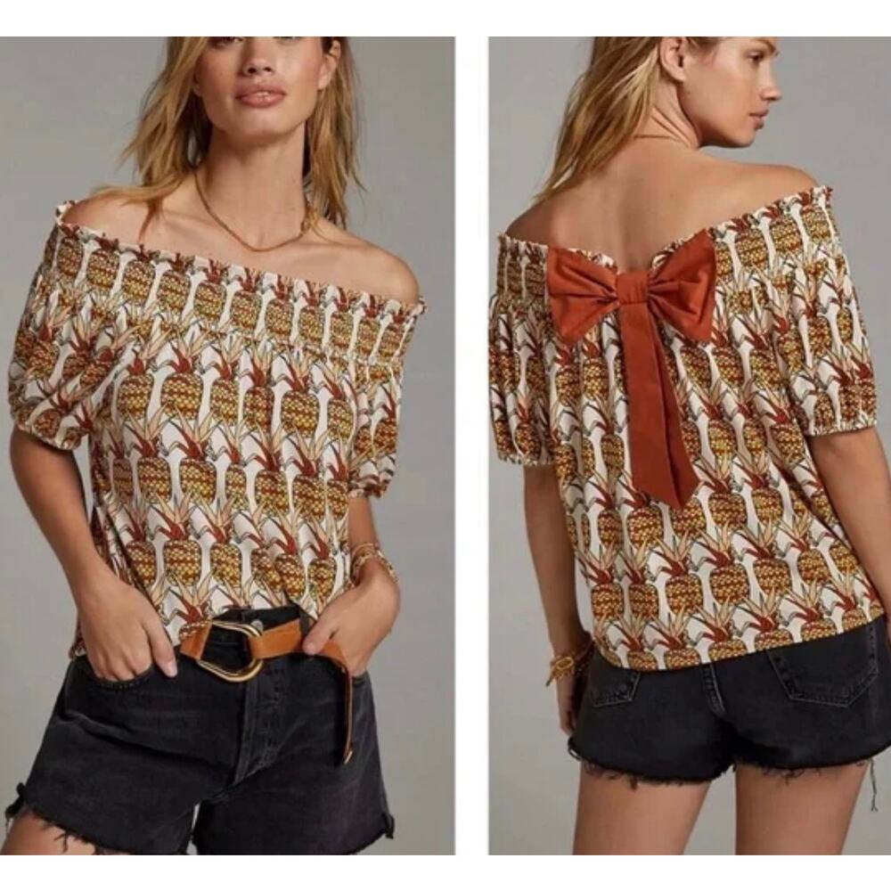 Anthropologie Porridge Pineapple Print Smocked Puff Sleeve Top XS NWT